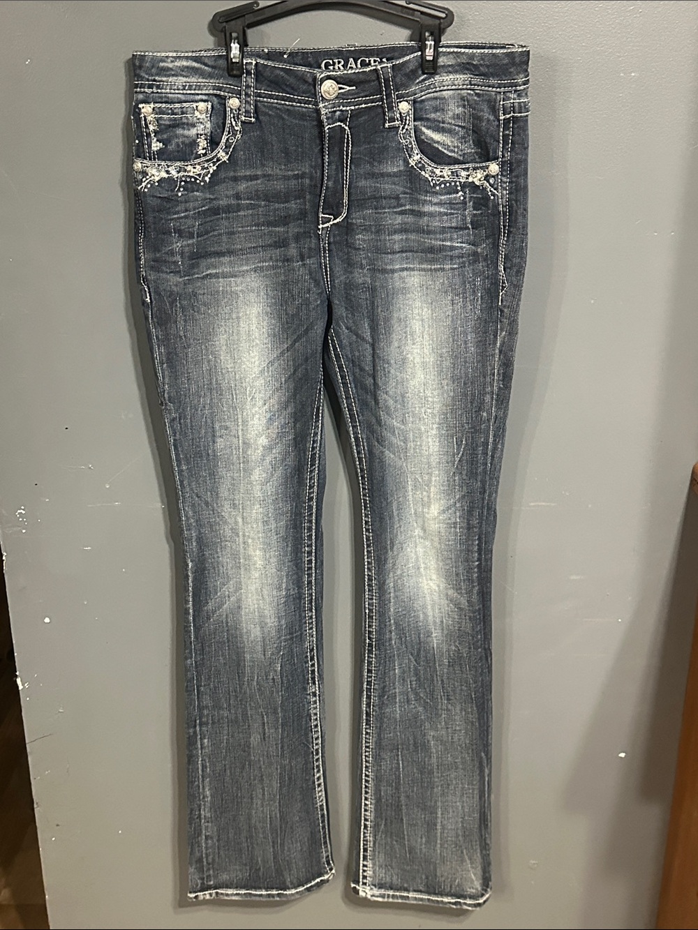 Grace in LA Women's Dark Wash Bootcut Jeans with Faded Detail